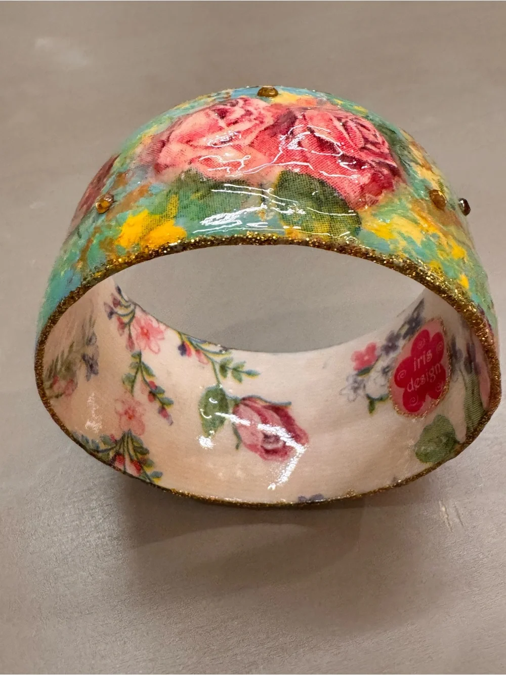 iris Floral Turquoise and Pink Rose Bangle with Gold Trim